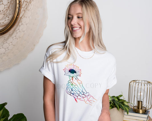 Rainbow Skellie Hand & Sunflower Graphic Tee